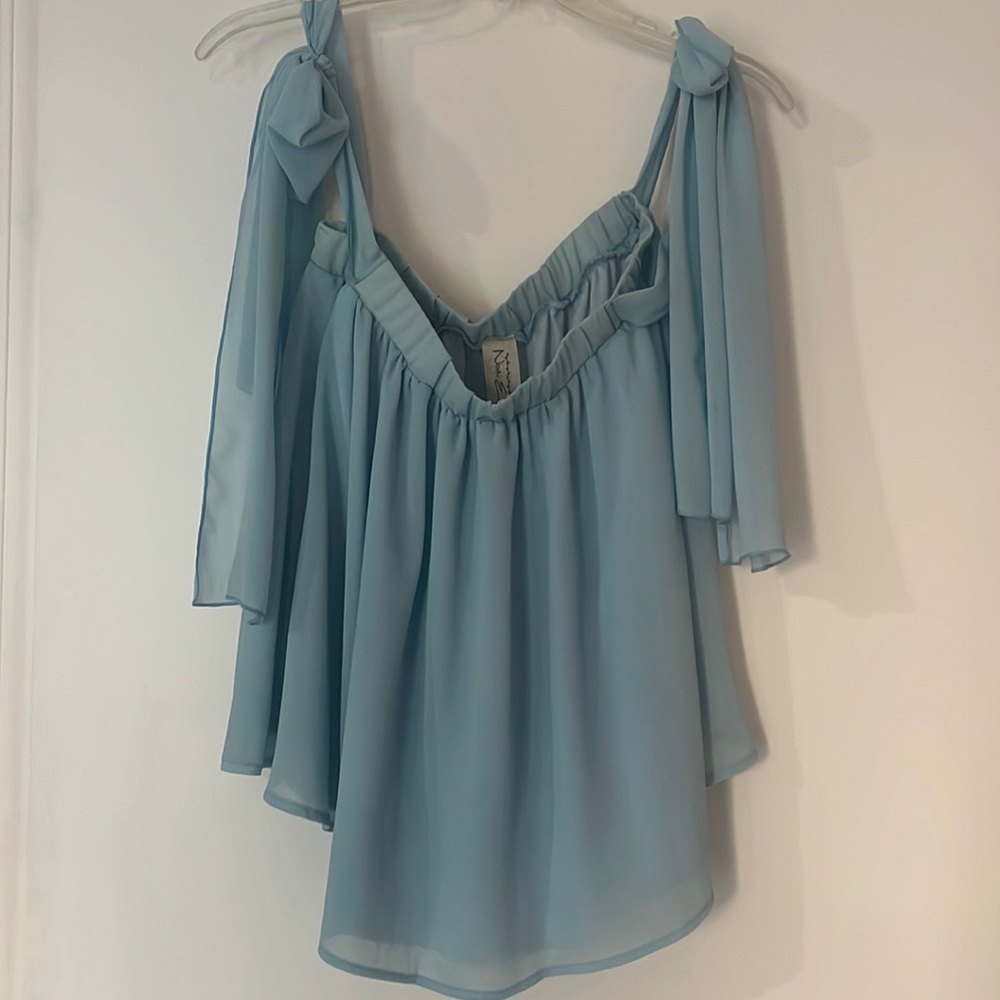 Blue Bows Cold Shoulder Blouse